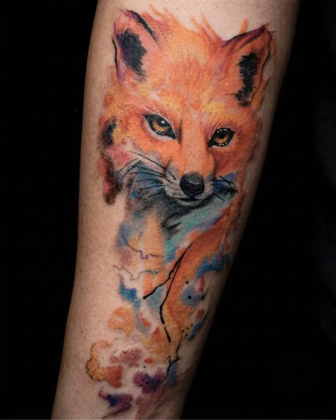  fox tattoo, an orange and blue fox tattoo done in color realism/water styles on the forearm in Oceanside, California tattooed by the Saint
