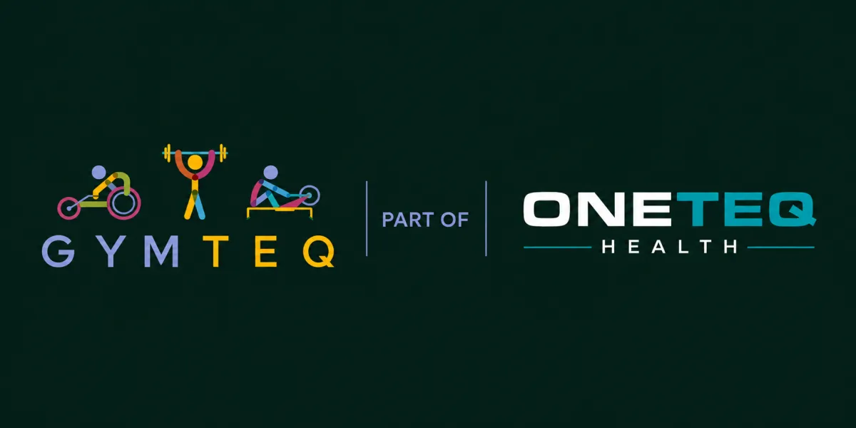 GYMTEQ logo featuring white and orange sans-serif text with 'STRENGTH | FITNESS | COMMUNITY' below it