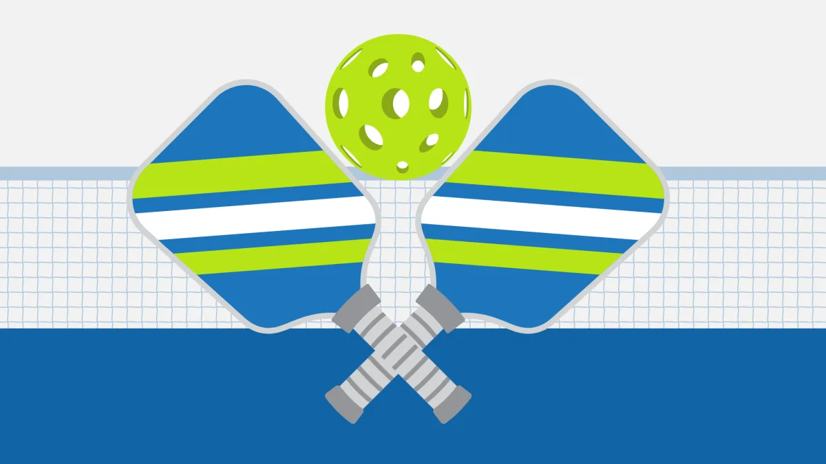 pickleball court with ball and pickleball paddle