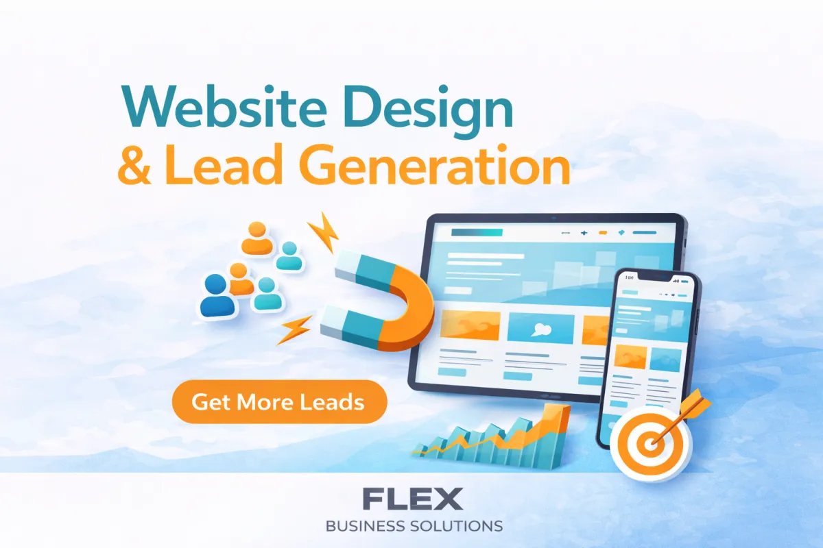 Website design and lead generation service by Flex Business Solutions showing a modern website layout, mobile design, and lead capture system.