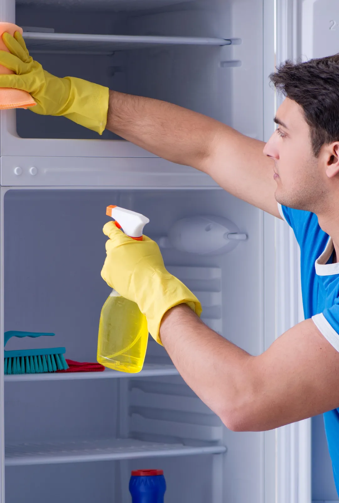 Professional cleaner thoroughly cleaning a refrigerator as part of kitchen cleaning services by Right Now Cleaning Services in Sydney, Australia.