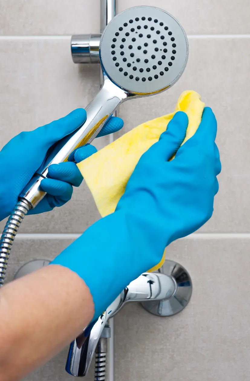  Professional cleaner polishing a showerhead as part of bathroom cleaning services by Right Now Cleaning Services in Sydney, Australia.