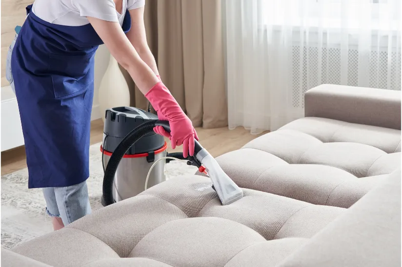 A professional cleaner wearing pink gloves and an apron uses a steam cleaner on a beige sofa, showcasing thorough upholstery cleaning as part of residential cleaning services.