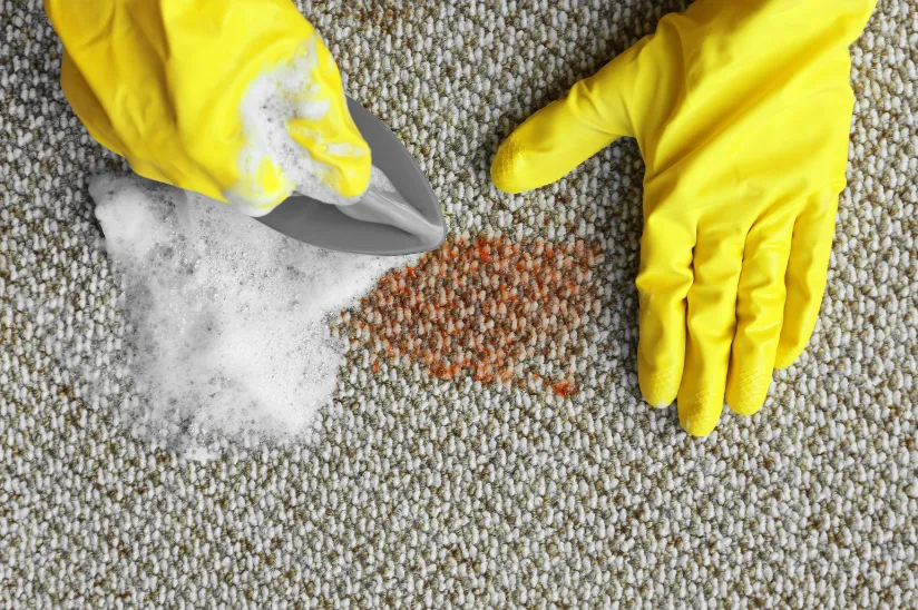 Professional cleaner performing pre-treatment on a carpet stain, part of the comprehensive carpet and upholstery cleaning services by Right Now Cleaning Services, which includes pre-treatment, deep cleaning, stain removal, and deodorizing.