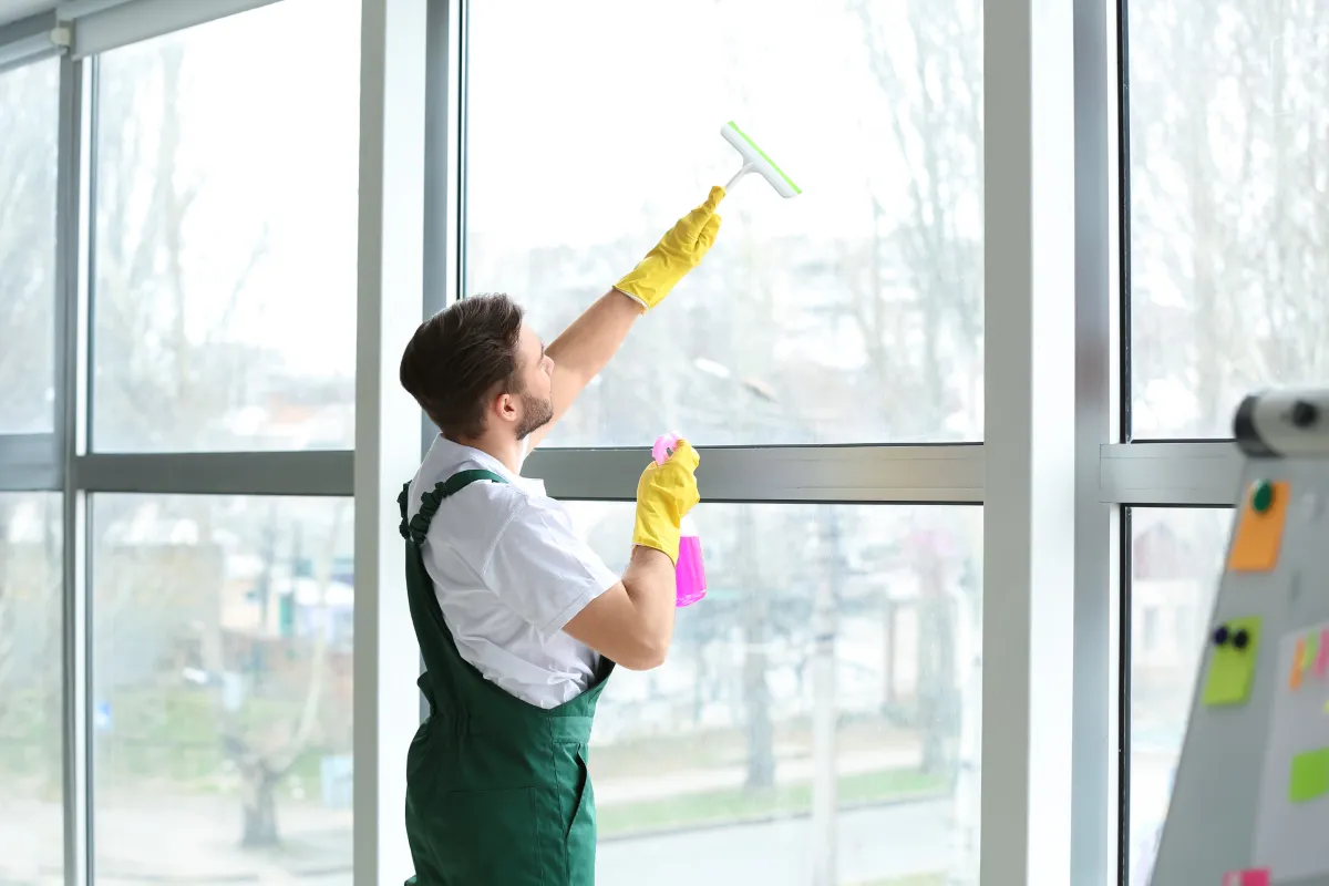  A professional cleaner from Right Now Cleaning Services cleaning a large window, demonstrating the quality and thoroughness of their window cleaning services in Sydney.