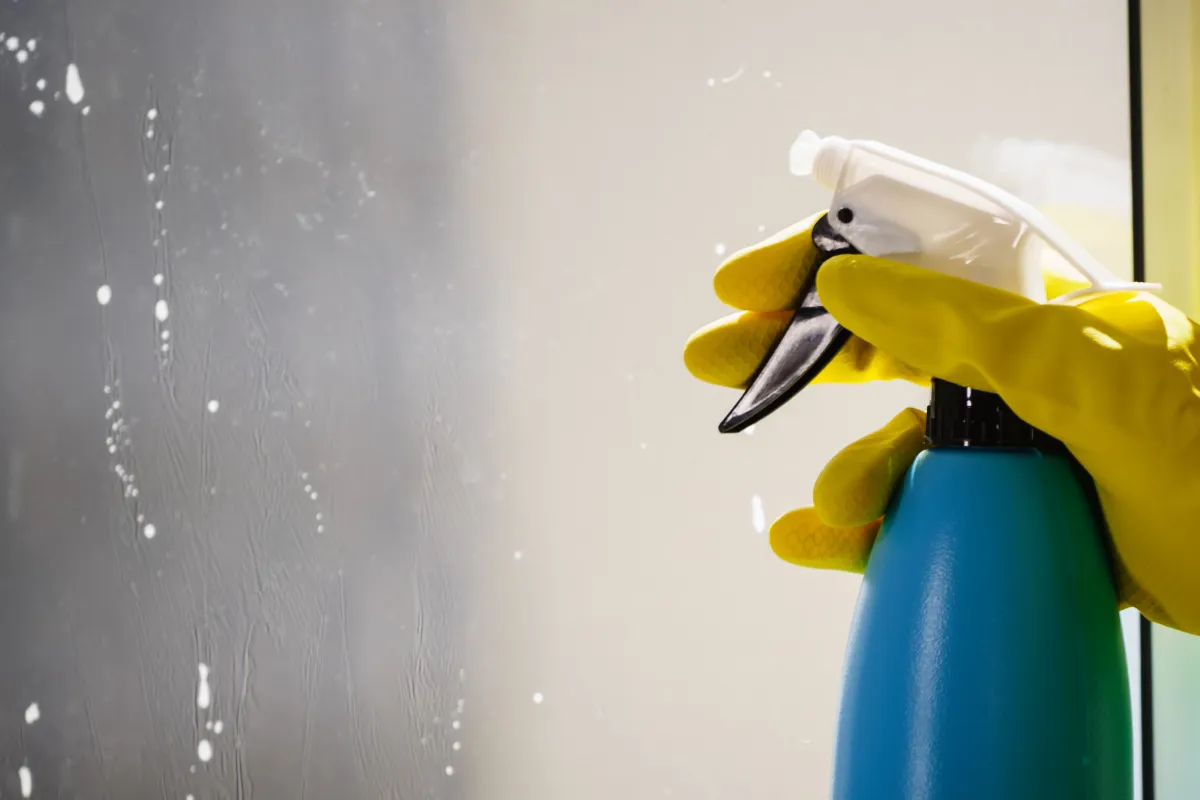 Close-up of a hand wearing a yellow glove holding an eco-friendly spray bottle, highlighting the use of environmentally friendly cleaning products by Right Now Cleaning Services in Sydney.