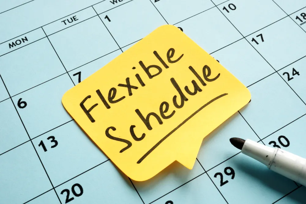 Calendar with a sticky note reading "Flexible Schedule," highlighting the flexible scheduling options offered by Right Now Cleaning Services to accommodate various client needs in Sydney.