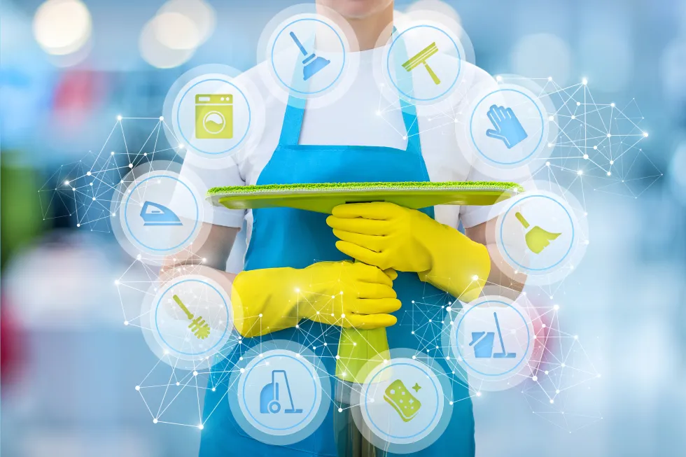 Professional cleaner holding a mop, surrounded by icons representing various cleaning services such as laundry, ironing, and vacuuming, illustrating the comprehensive cleaning services offered by Right Now Cleaning Services in Sydney.