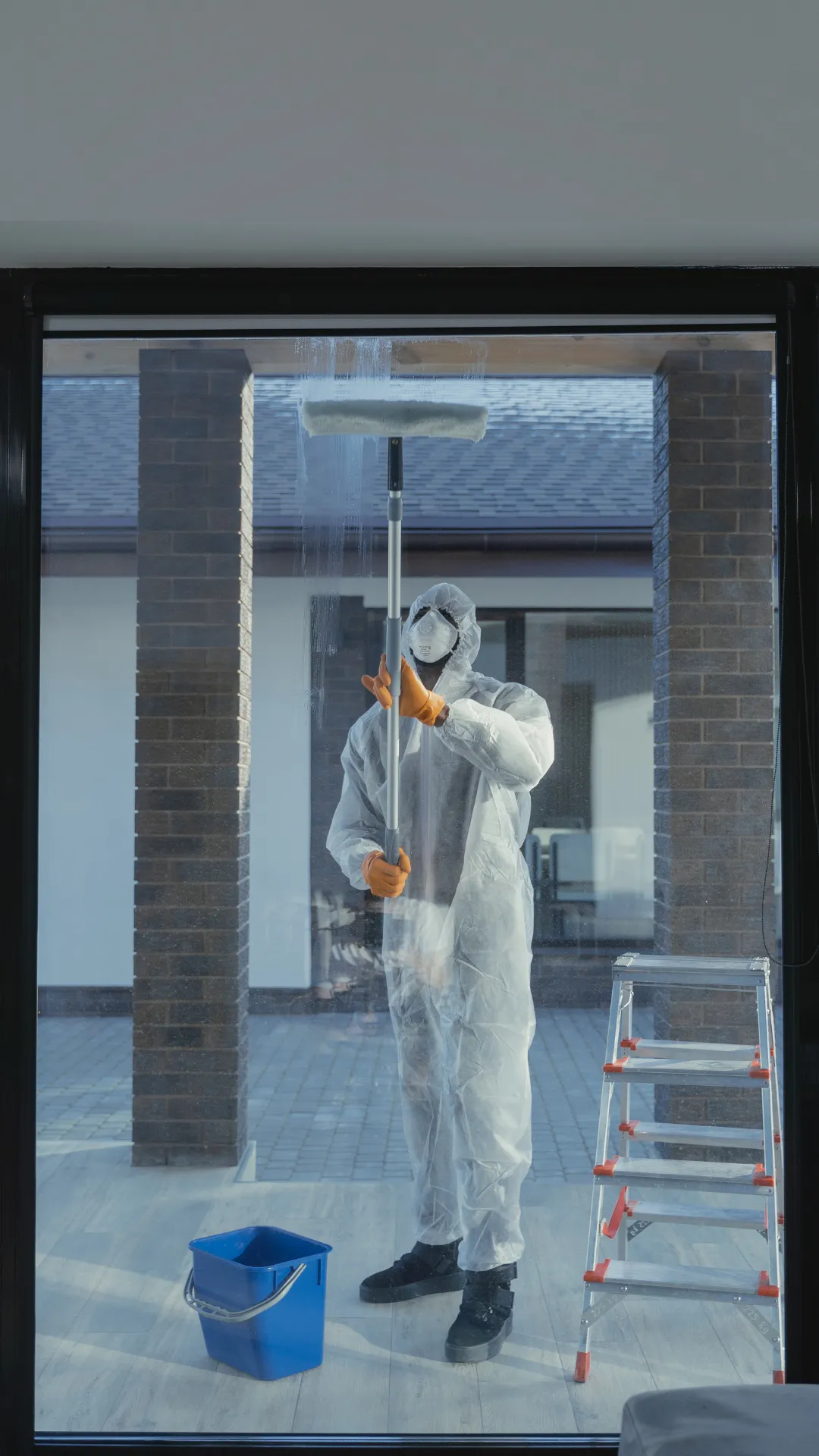 Professional cleaner in protective gear cleaning the exterior of a window, illustrating the thorough and safe exterior window cleaning services provided by Right Now Cleaning Services in Sydney.