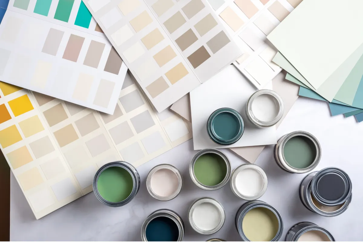 Various paint swatches and open paint cans showcasing a range of colors, illustrating the high-quality materials and color options available for professional painting services.