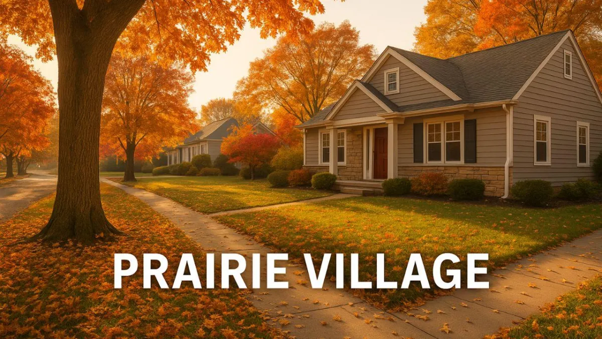 Prairie Village Kansas homes for sale, tree-lined streets, and charming suburban houses in fall season.