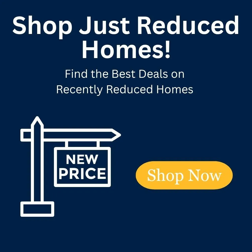 Real estate sign with “NEW PRICE” promoting recently reduced homes for sale in Kansas City Missouri, with shop now button.