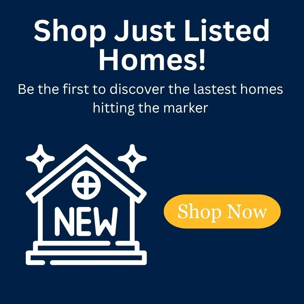 Icon of a house with “NEW” label promoting just listed homes for sale in Kansas City Missouri, with shop now button.