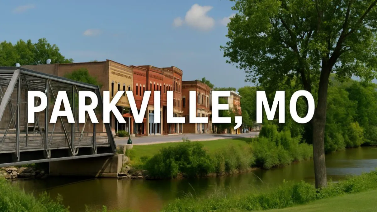 Parkville Missouri historic downtown with bridge over river and nearby homes for sale.