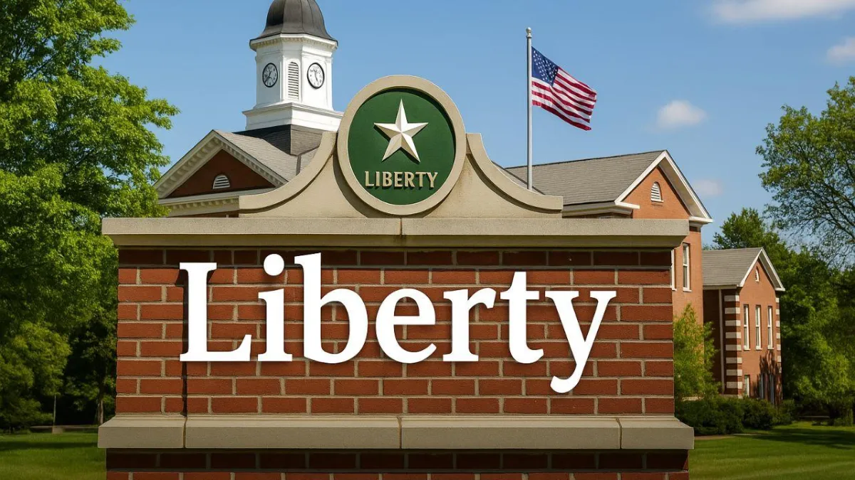 Liberty Missouri welcome sign near courthouse with historic charm and local real estate listings.