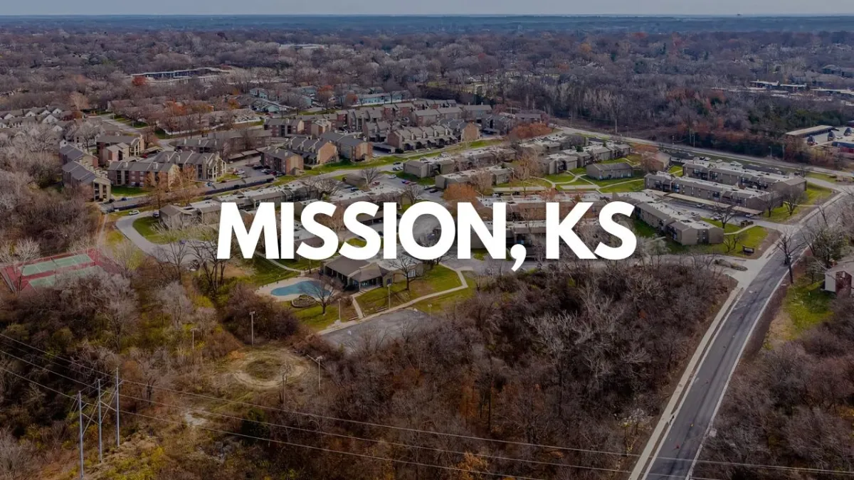 Aerial view of Mission, Kansas neighborhood with residential buildings and roads