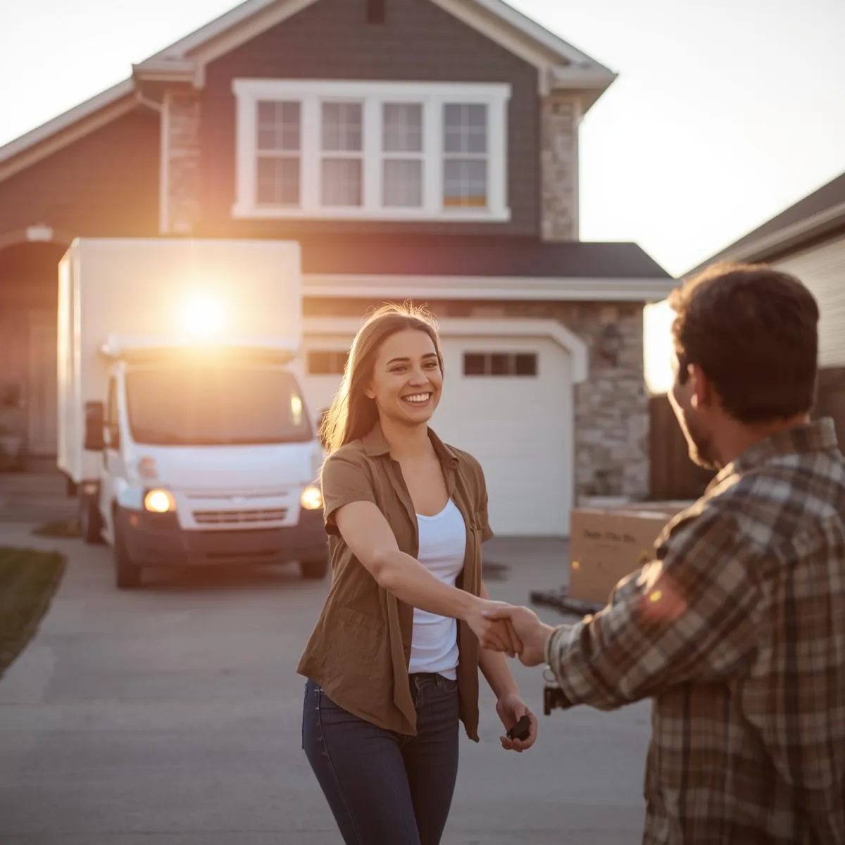 Happy couple shaking hands in front of a Kansas City home with a moving truck, symbolizing a successful home sale and fresh start.