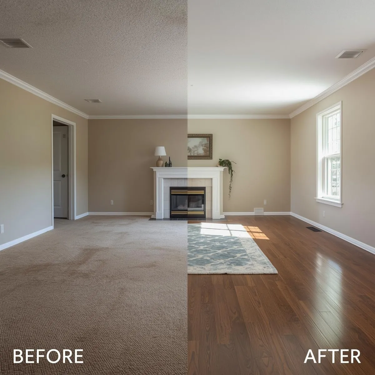 Before and after home renovation showing living room transformation from carpet to hardwood floors with updated decor and brighter lighting.