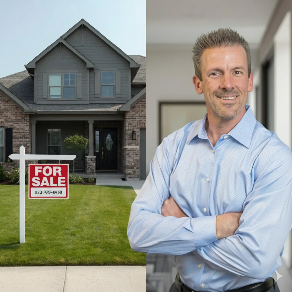 Kansas City real estate agent standing beside a modern brick home with a “For Sale” sign in the front yard.