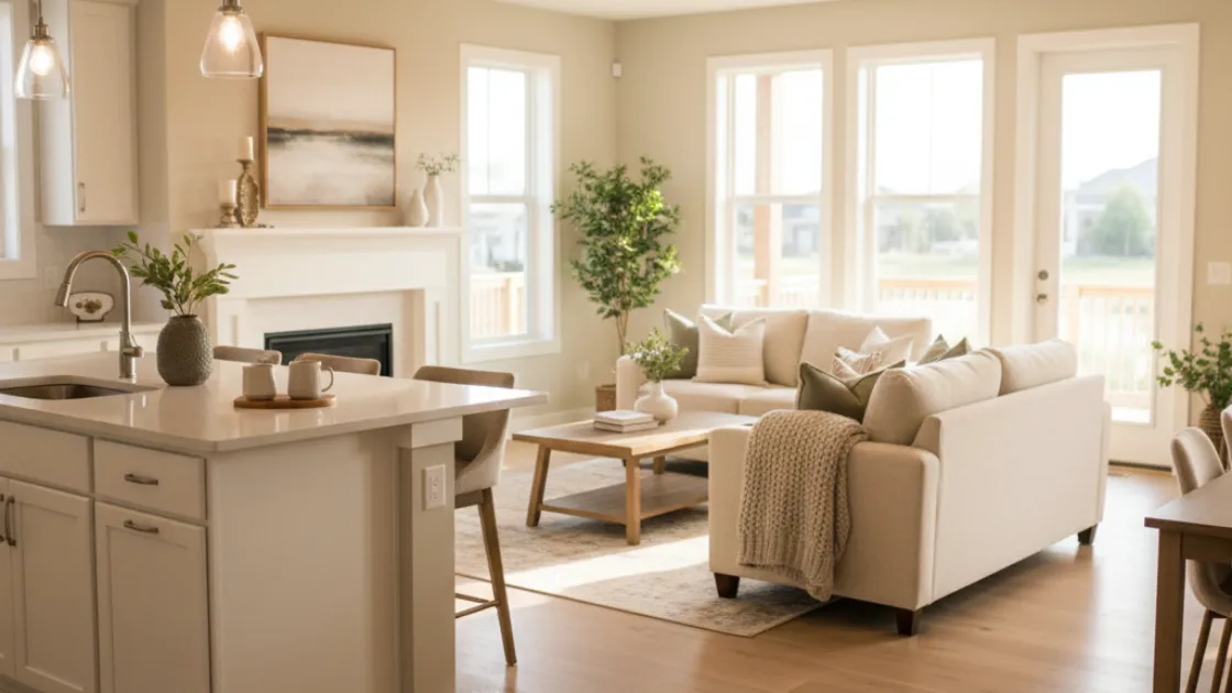 Bright modern open-concept living room and kitchen with neutral décor, natural light, and contemporary furnishings in a well-staged home.