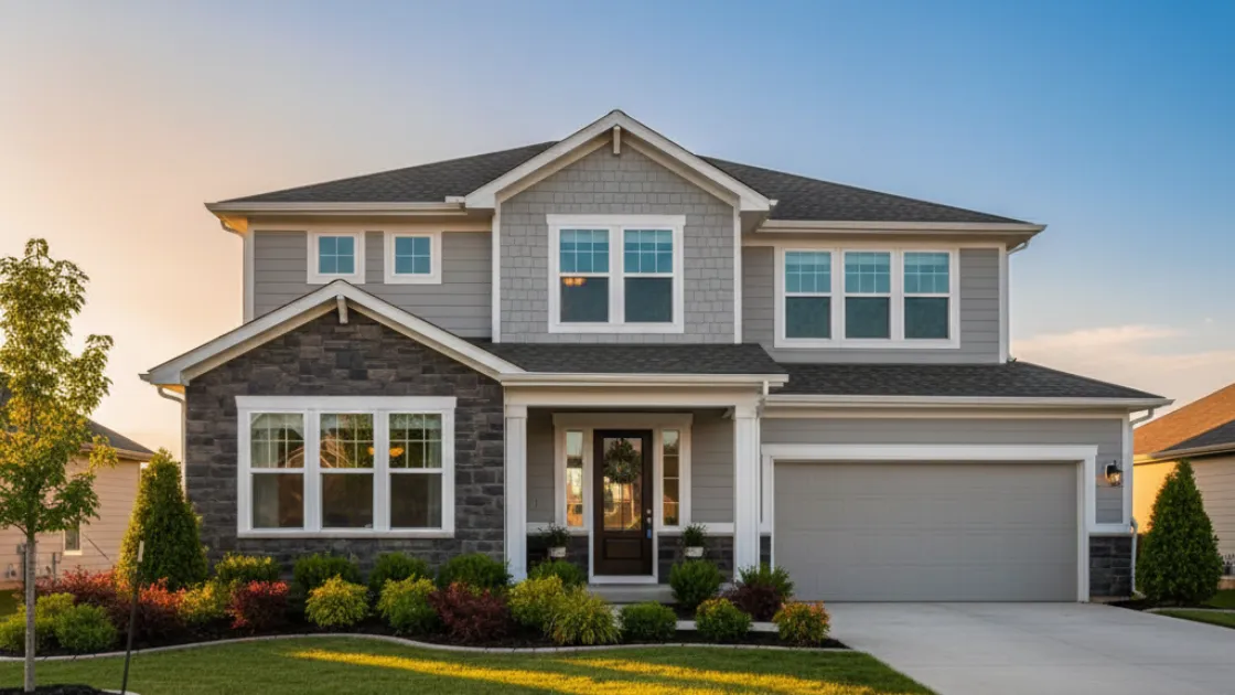Beautiful two-story suburban home with stone and siding exterior, manicured landscaping, and a spacious front yard in a scenic neighborhood.