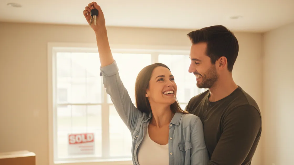 Excited young couple holding house keys inside their new home with a sold sign visible in the window, celebrating a successful home purchase.