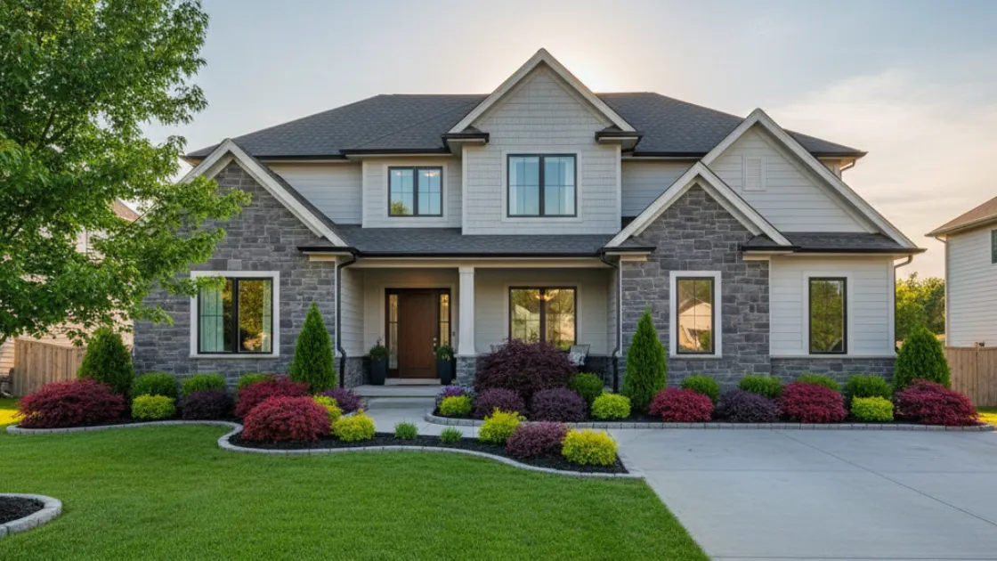 Modern two-story suburban home with stone accents, landscaped front yard, and warm sunset lighting highlighting curb appeal.