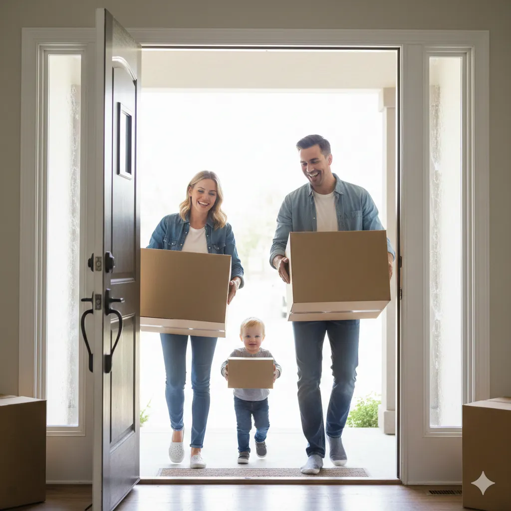 Family moving into new home in Kansas City carrying moving boxes