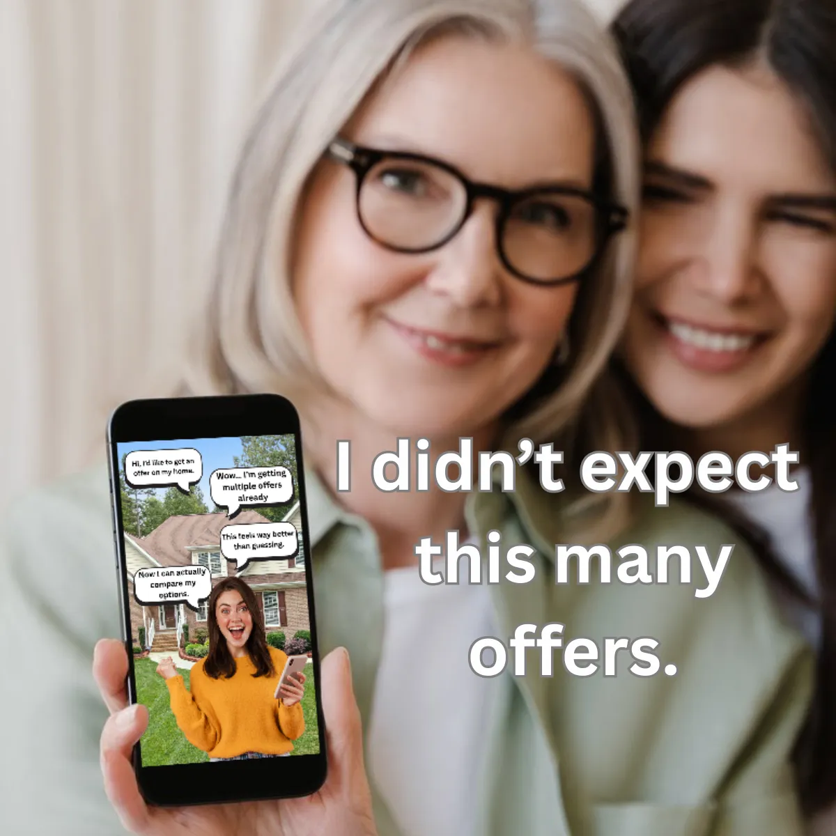 Home seller smiling while viewing multiple offers on phone with message “I didn’t expect this many offers”