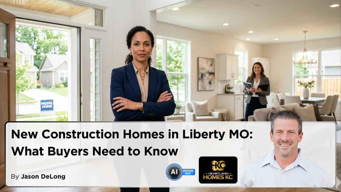 New construction homes in Liberty MO blog cover featuring real estate agent and model home interior