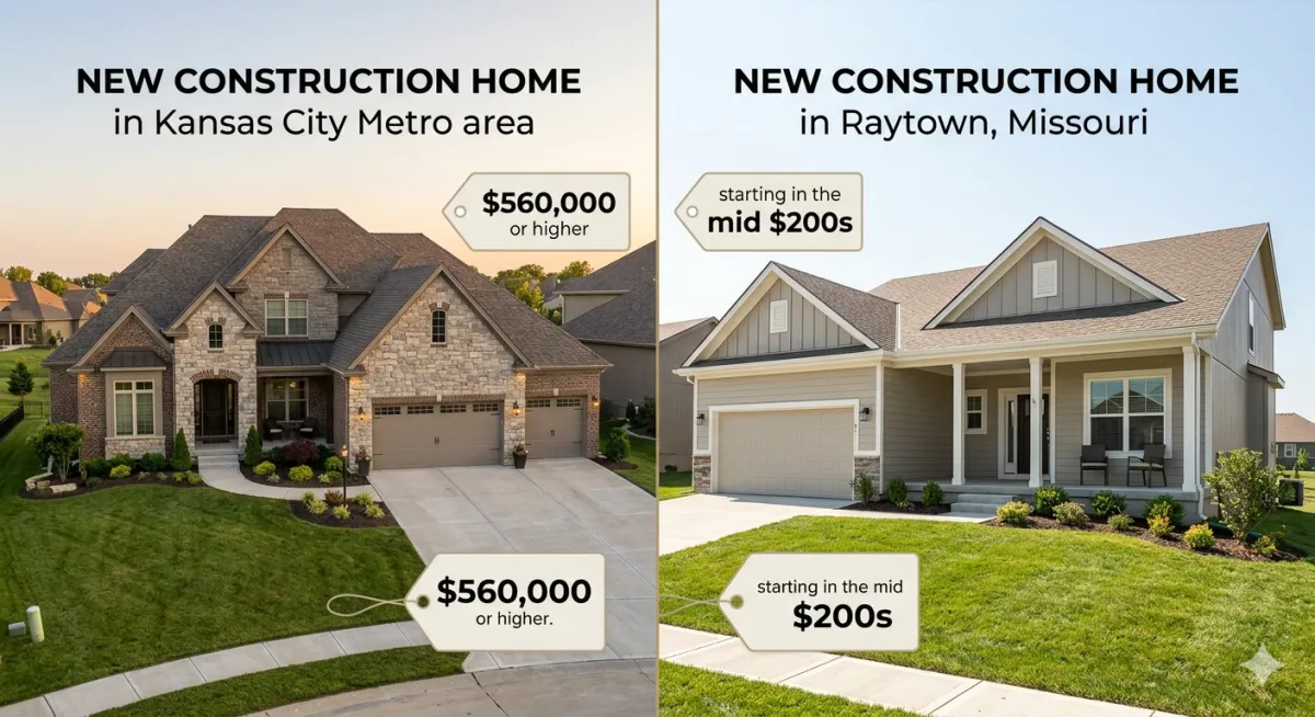 New construction home in Kansas City metro area priced at $560,000 or higher compared to affordable new construction home in Raytown Missouri starting in the mid $200s showing the best value new build option near Kansas City with Heartland Homes KC
