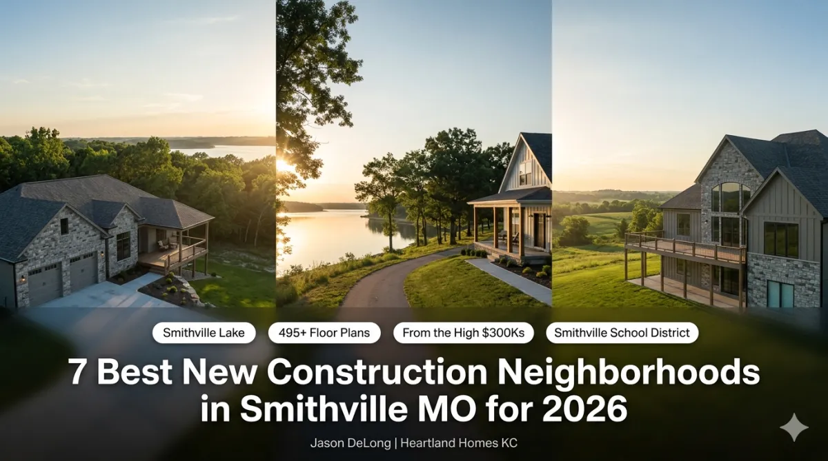 Smithville MO new construction neighborhoods near Smithville Lake featuring lakeside custom homes, scenic trails, and elevated estate lots by Jason DeLong Heartland Homes KC.