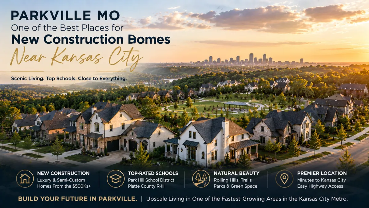 Luxury new construction homes in Parkville MO near Kansas City with scenic hills, upscale neighborhoods, and sunset skyline view