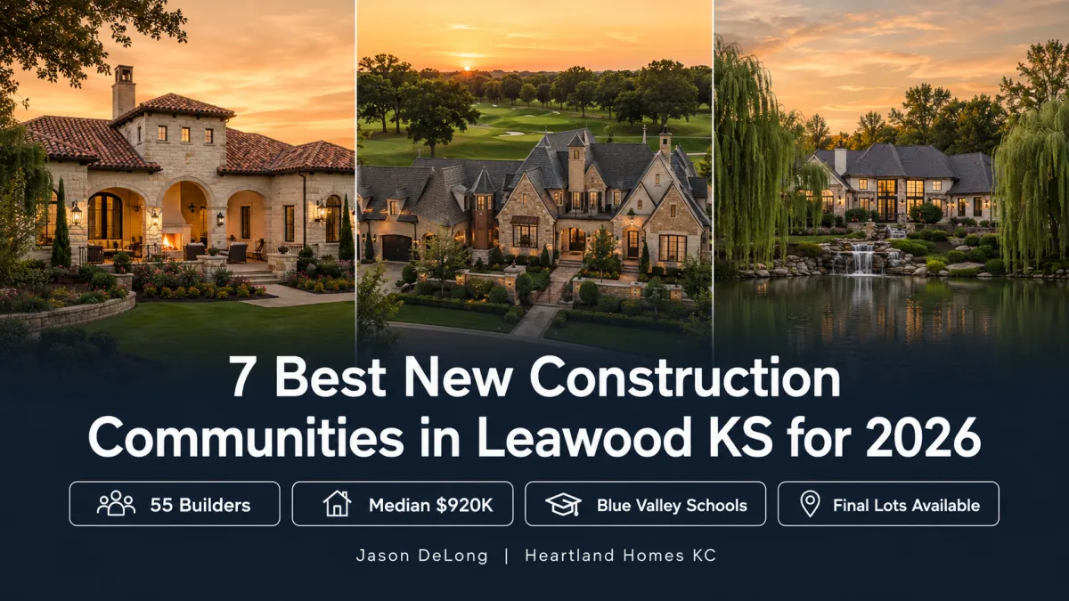 Three Leawood KS luxury new construction scenes showing a Mediterranean estate at Aventino on the left, a French Normandy golf course villa at Hallbrook East Village in the center, and a waterfront luxury home at WatersEdge on the right with text overlay reading 7 Best New Construction Communities in Leawood KS for 2026 by Jason DeLong Heartland Homes KC.