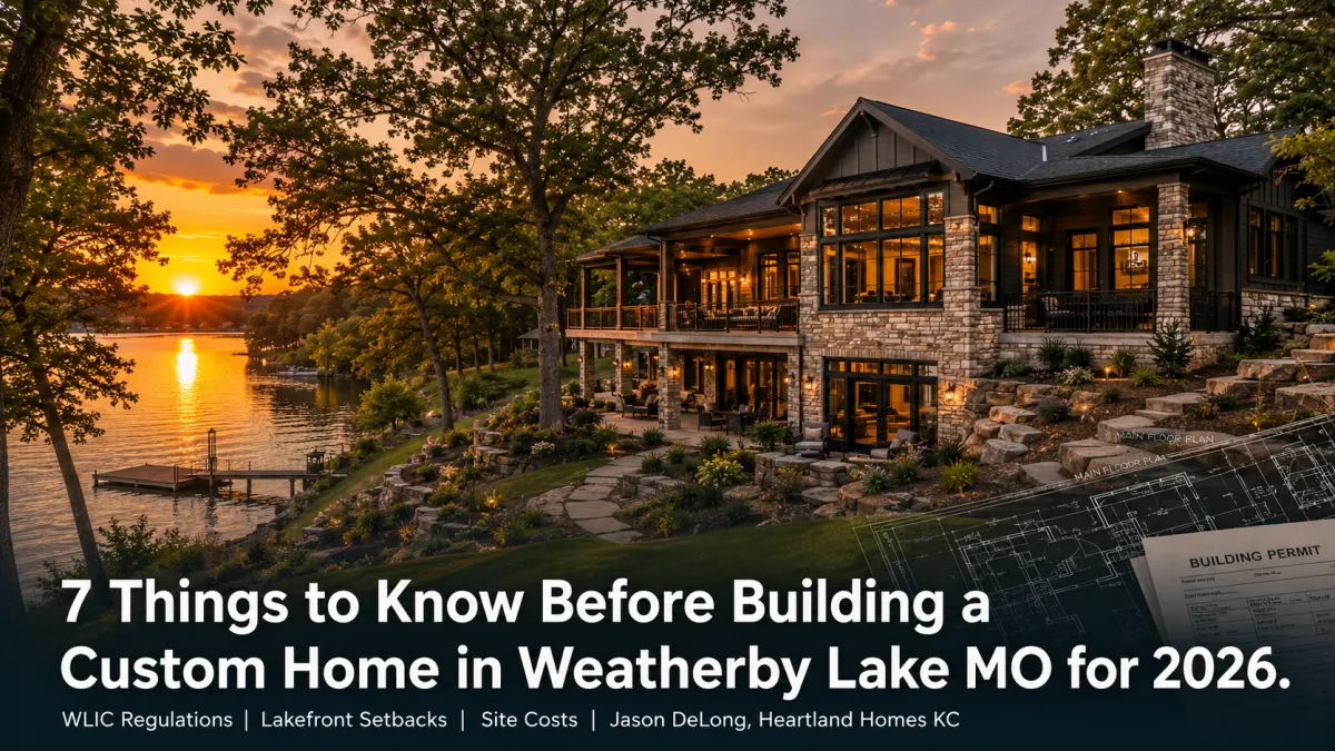 Luxury custom home on a lakefront lot in Weatherby Lake MO with private dock and golden sunset reflection by Jason DeLong Heartland Homes KC.