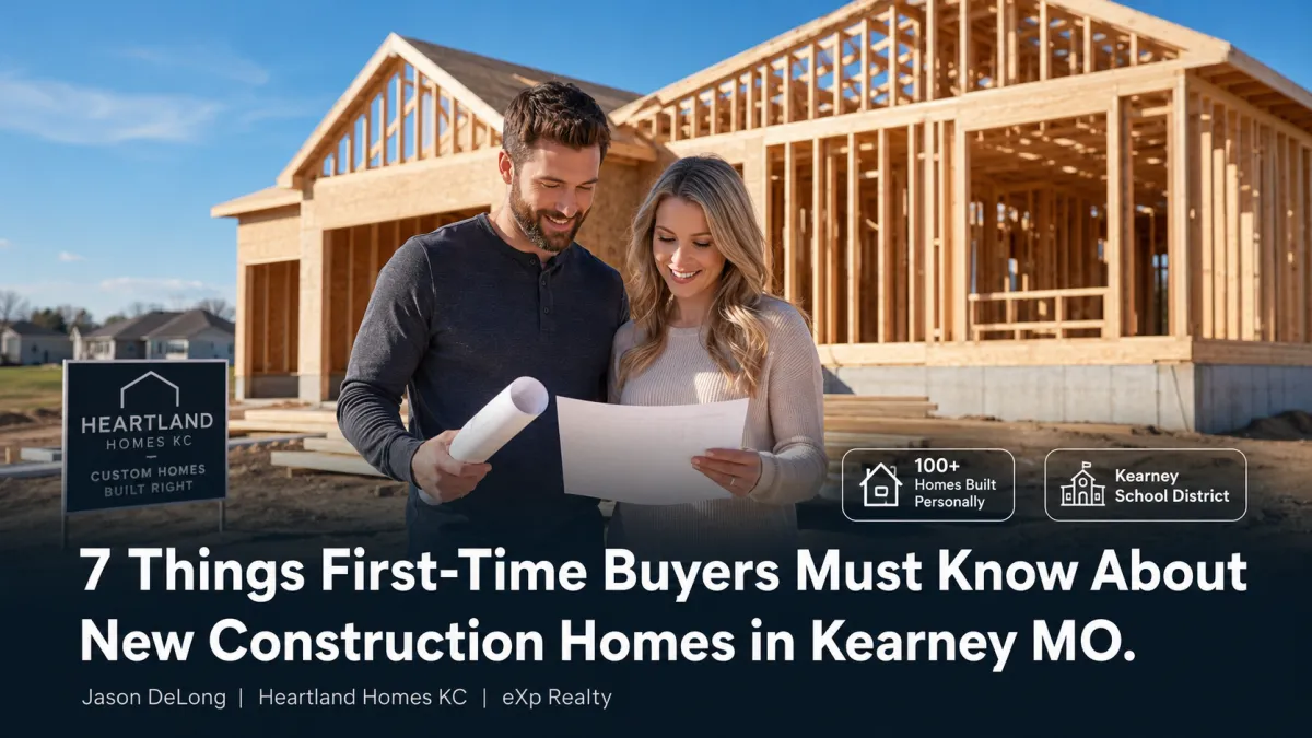 First-time home buyers reviewing blueprints in front of a new construction home in Kearney MO with Heartland Homes KC real estate branding