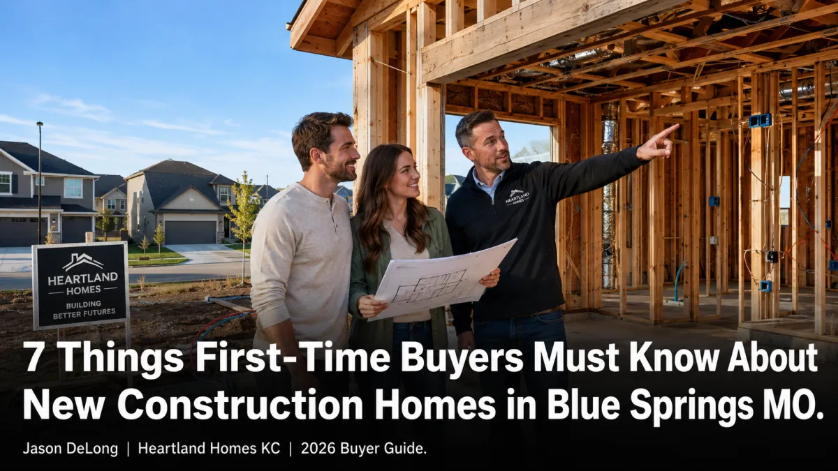 Young first-time homebuyers touring a pre-drywall new construction home in Blue Springs MO with a real estate agent reviewing floor plans and framing details during the home buying process.