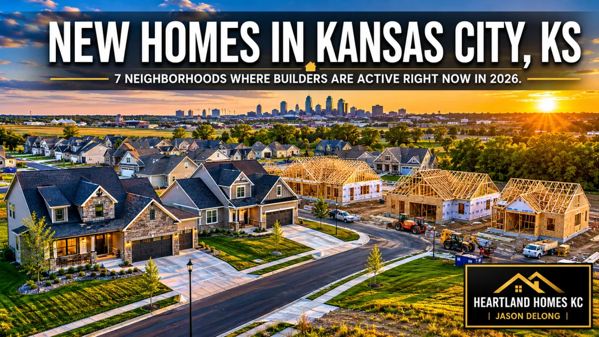 Aerial view of new construction homes in Kansas City, KS featuring active residential development, suburban neighborhoods, and modern homes under construction at sunset.