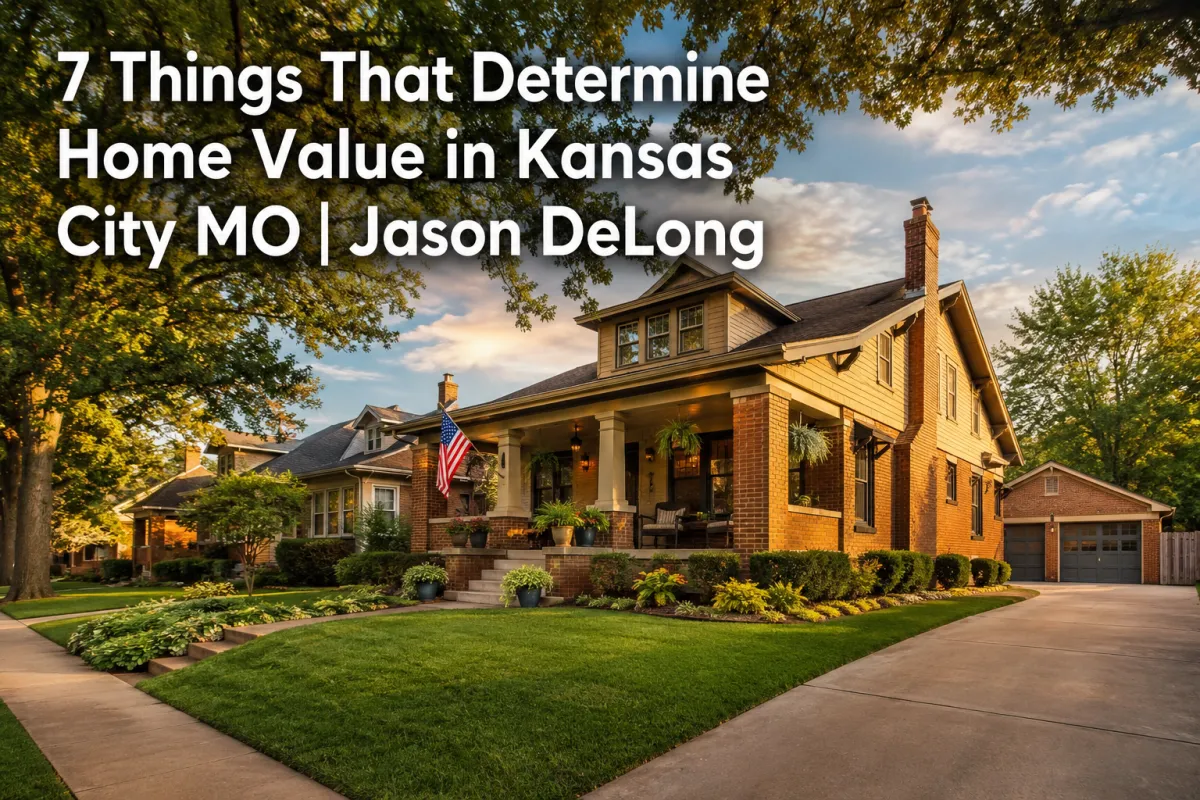 Photorealistic Kansas City Missouri craftsman-style home at golden hour with mature oak trees, manicured lawn, covered front porch, detached garage, and headline text reading “7 Things That Determine Home Value in Kansas City MO  Jason DeLong.