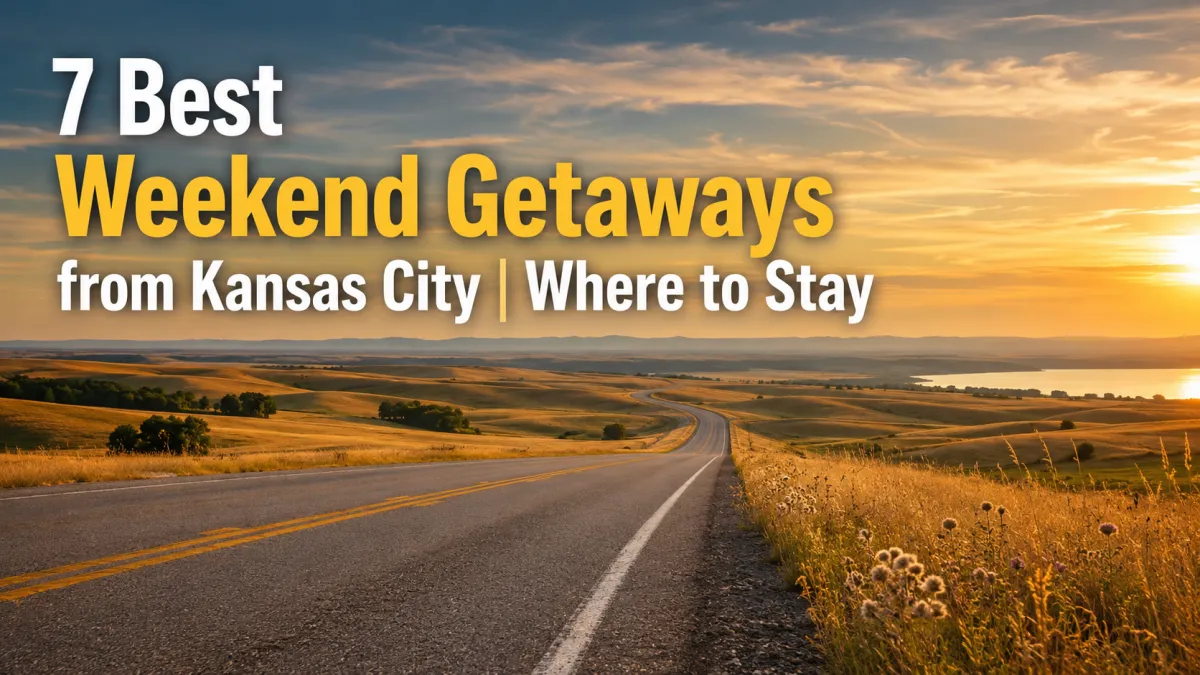 Scenic two-lane highway through golden Midwestern countryside with lake views and distant hills, promoting the best weekend getaways from Kansas City.