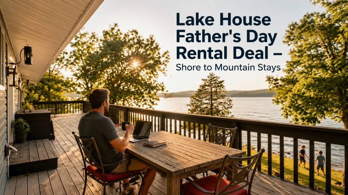Father enjoying coffee and laptop time on a Lake of the Ozarks deck while children play by the water for a Father’s Day rental getaway.