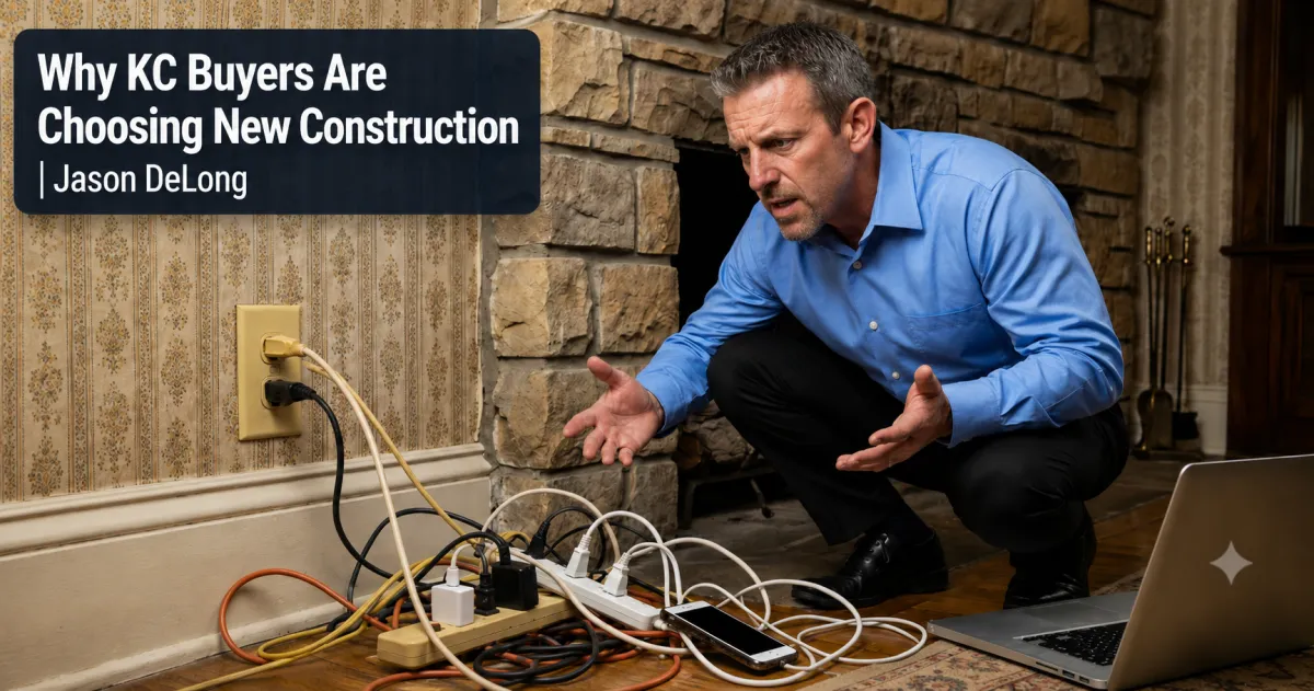 Man crouching beside overloaded power strips and tangled extension cords in an older Kansas City home, with headline about why KC buyers are choosing new construction for modern electrical needs.