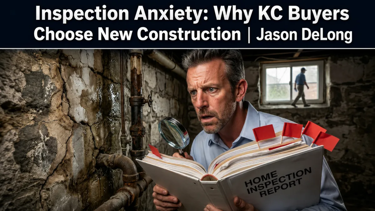 Man anxiously reading a home inspection report in an older Kansas City basement with cracked foundation walls, rusted pipes, water intrusion, and red warning flags, highlighting why buyers consider new construction.