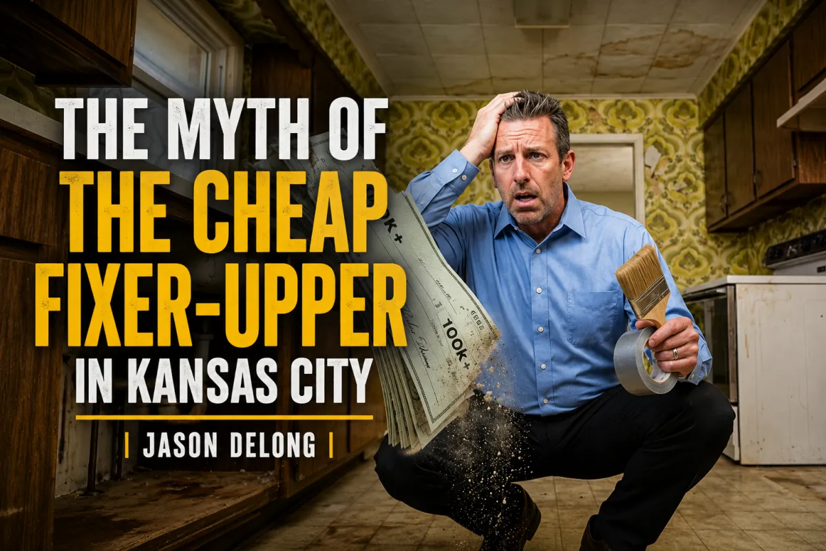 Stressed homeowner in outdated Kansas City fixer-upper kitchen with repair tools, 100K renovation cost papers, and headline about the myth of cheap fixer-uppers.