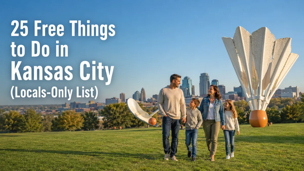 Family walking across Kansas City sculpture lawn with Nelson-Atkins shuttlecock art, downtown skyline, and headline for 25 free things to do in Kansas City.