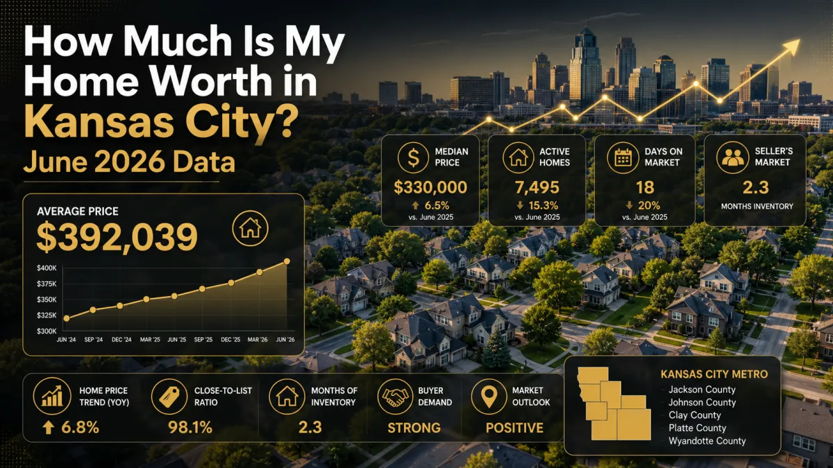 Kansas City home value infographic with average price of $392,039, rising market graph, skyline silhouette, and headline about June 2026 housing data.