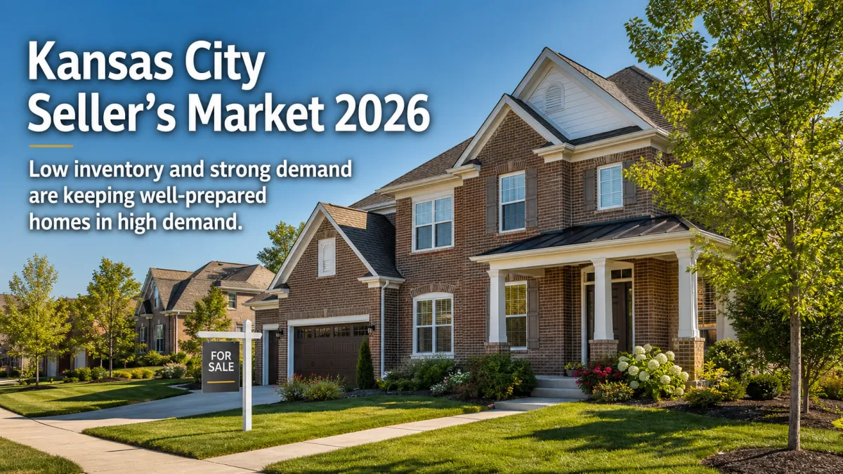 Photorealistic Kansas City suburban home with for sale sign, manicured lawn, and headline about the 2026 seller’s market.