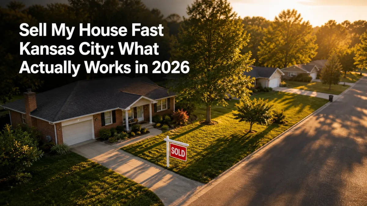 Aerial view of a Northland Kansas City neighborhood with brick ranch homes, mature trees, a sold sign, and headline about selling fast in 2026.