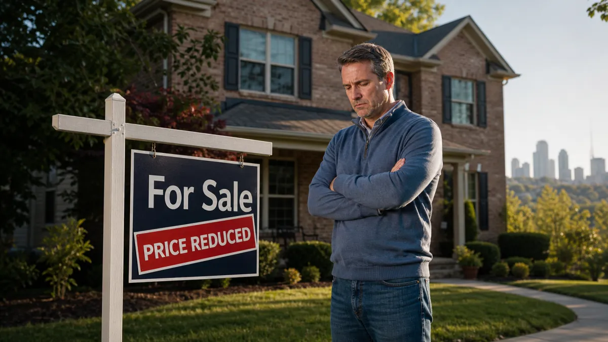Frustrated Kansas City homeowner standing beside a price reduced for sale sign in front of a suburban brick home during golden afternoon light.