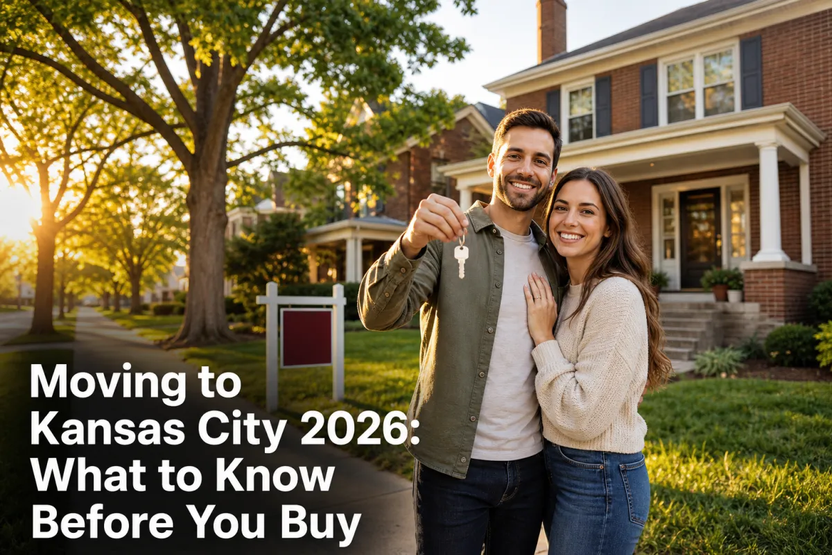 Young couple holding house keys in front of a sold brick home with headline Moving to Kansas City 2026 What to Know Before You Buy.